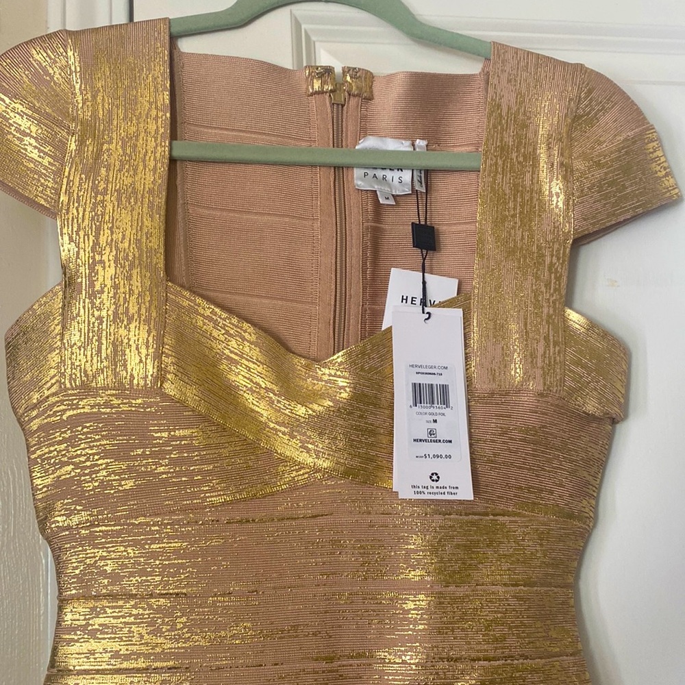 Herve Legger Cap Sleeve Bandage Gold foil dress